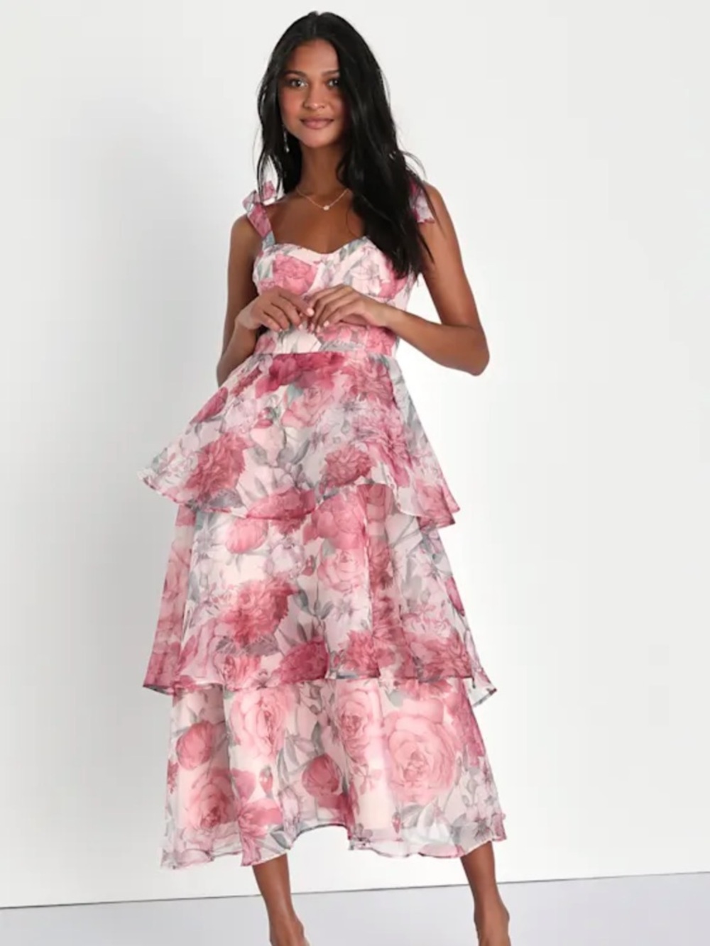 Lulu's Pink Floral Tiered Midi Dress